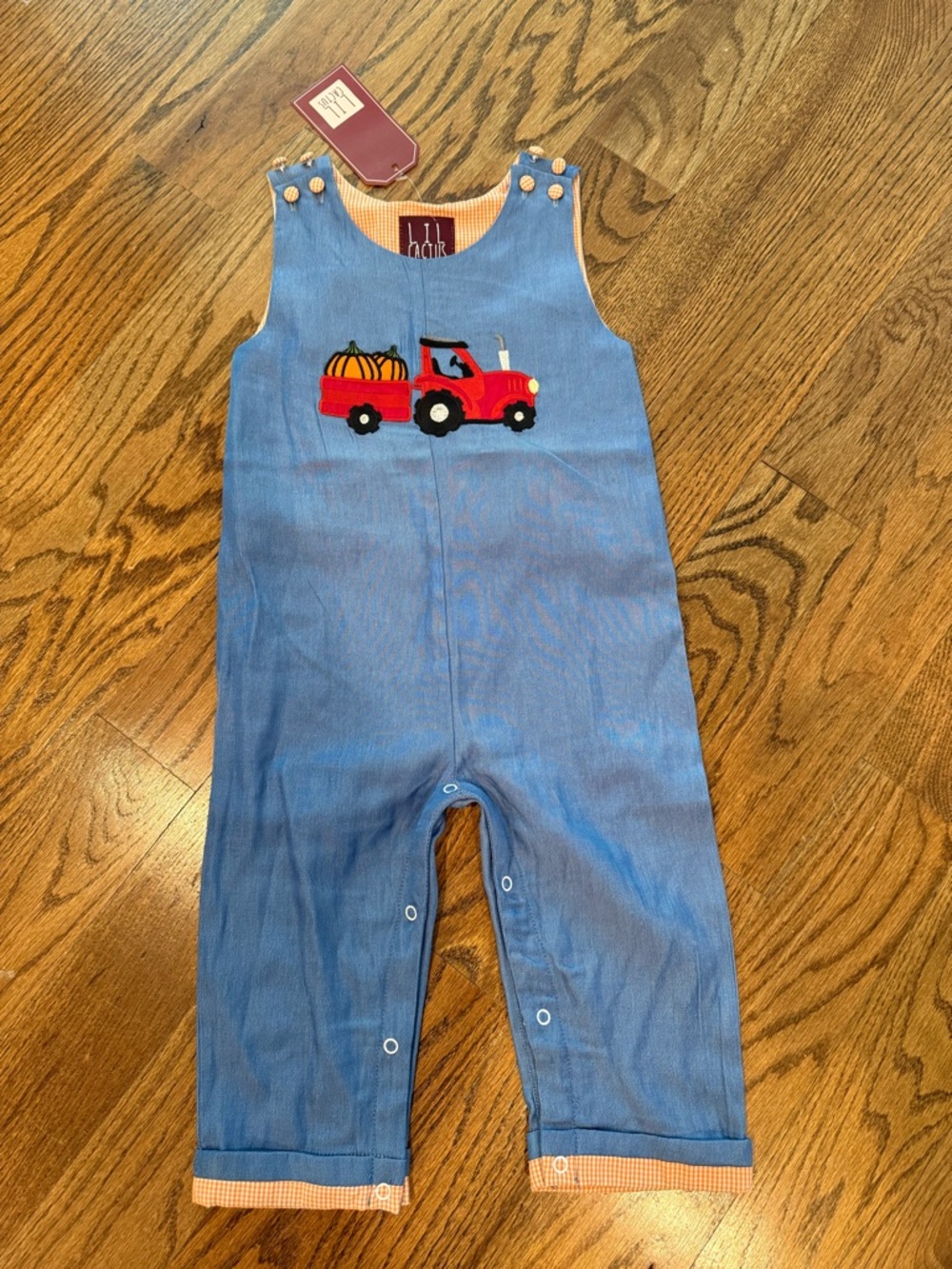 NWT Lil Cactus baby boy chambray Jon Jon red tractor pumpkin appliqué 18- 24 mos